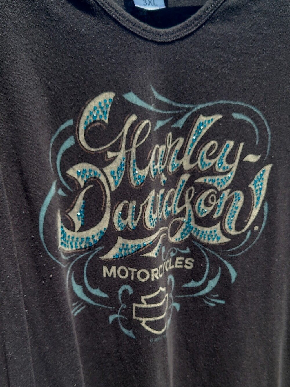 Harley-Davidson Black Tee with Teal Rhinestone Script Logo
